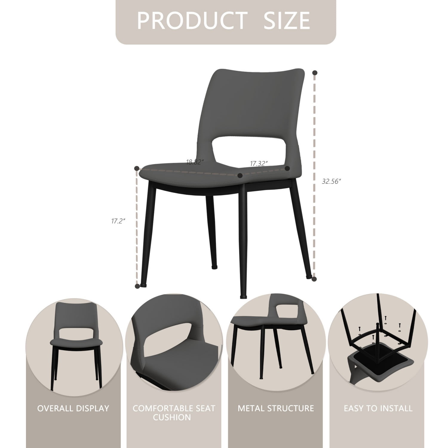 Modern Minimalist Grey PU Leather Dining Chairs Set of 2 Upholstered Kitchen Chairs with Metal Legs Ergonomic Backrest for Dining Room Restaurant Office