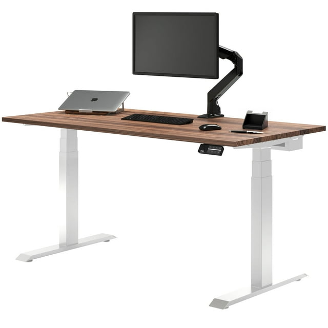 Desky Bureau Assis-Debout à Deux Plateaux en Bois Dur - Noyer / 60 x 30 Pouces / Blanc