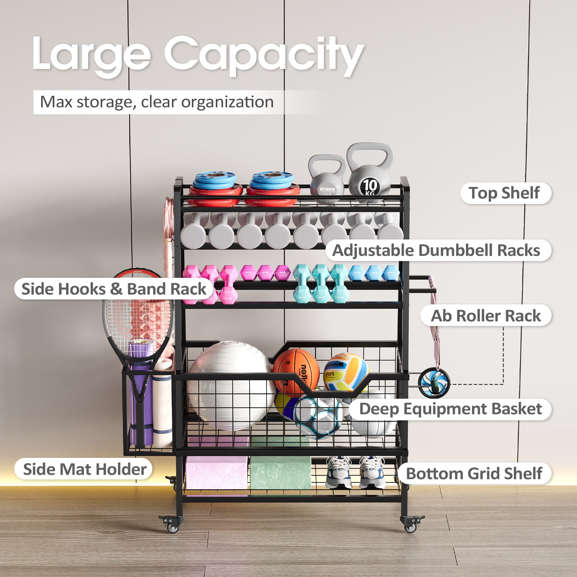 Advwin Dual-Sided Dumbbell Rack, Adjustable All-in-one Home Gym Storage Rack for Dumbbells, Kettlebells, Yoga Mats, Foam Rollers, Workout Equipment Storage Organizer with Hooks & Wheels