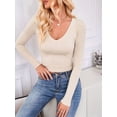 thumbnail image 5 of Long Sleeve Shirts for Women 2025 Fall Fashion V Neck Basics Crop Tops Slim Fitted Y2K Tops Oatmeal Color M, 5 of 8
