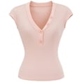 thumbnail image 4 of Arlun Womens Short Sleeve Tops Button up V-Neck Henley Solid Color Stretch Tight T Shirts Slim Fit Casual Summer Tops Basic Tee Shirts Light Pink M, 4 of 8