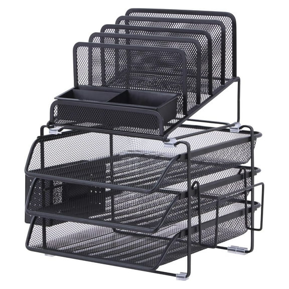 Desktop Organizer 4-Tier - File Folder Organizer, Office Supplies Storage, Mesh Desk Organizer with Sliding Trays - Black