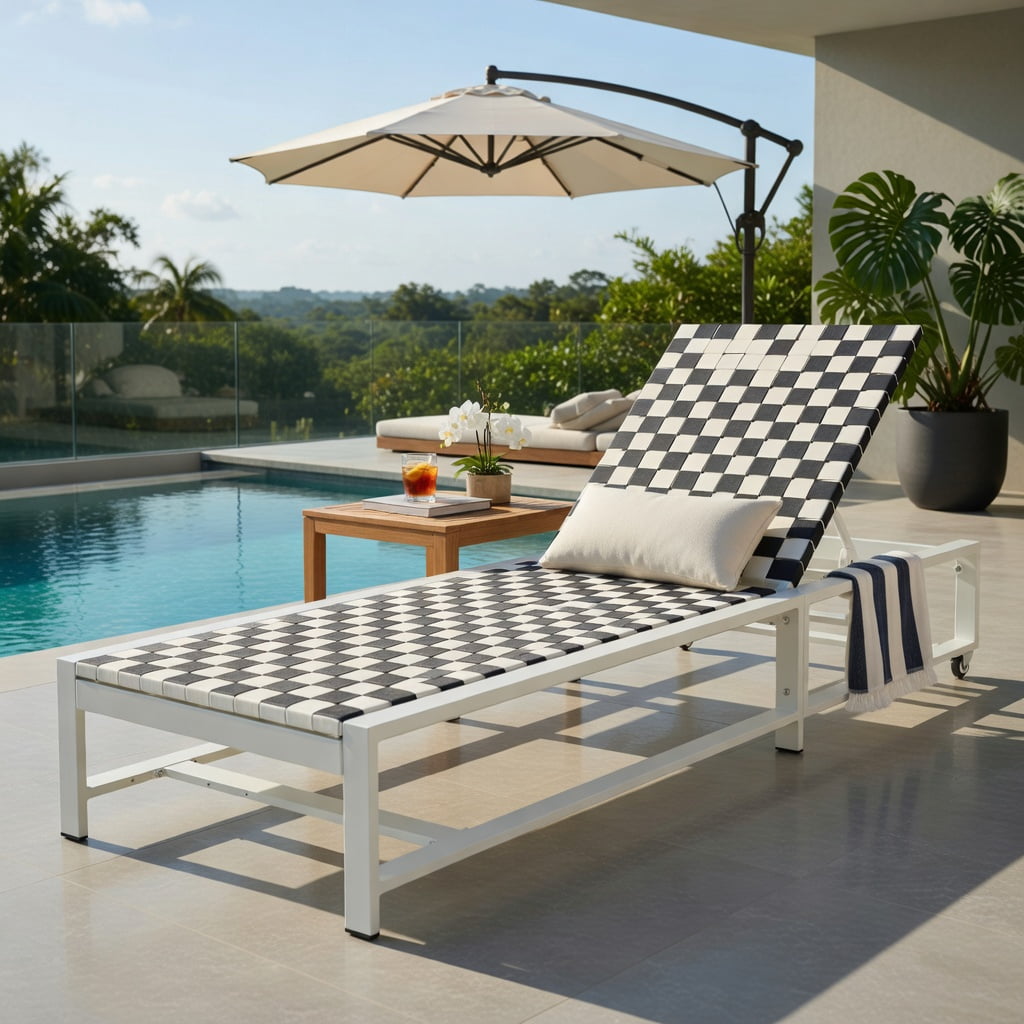 Hommoo Adjustable Outdoor Reclining Chaise Lounge Chair with Wheels, Steel Frame Patio Lounger for Deck, Backyard, Poolside, Black & White