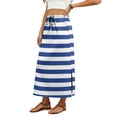 thumbnail image 4 of Womens Striped Print Maxi Skirt High-waisted Drawstring Swing Mid-length Side Slits Boho Beach Vacation Long Skirts Blue M, 4 of 6