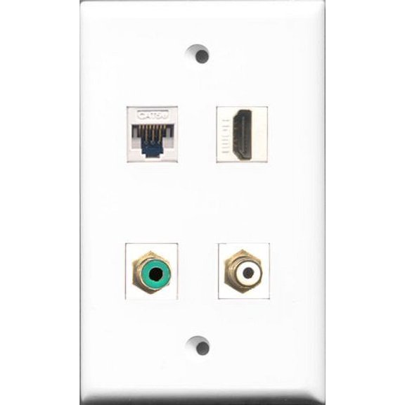 RiteAV - 1 Port HDMI and 1 Port RCA White and 1 Port RCA Green and 1 Port Cat5e Ethernet White Wall Plate