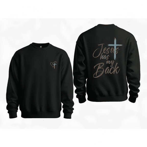 Women Jesus Has My Back Graphic Tee T Shirt Top Soft Style Cross Heart Design For Daily Wear Round-neck long-sleeved Black S-3XL