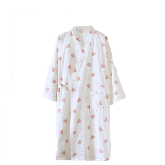 biudgviw Cotton Bathrobes for Women Heart Print Long Sleeve Nightgowns Drawstring Casual Loose V Neck Cute Robes with Pocket