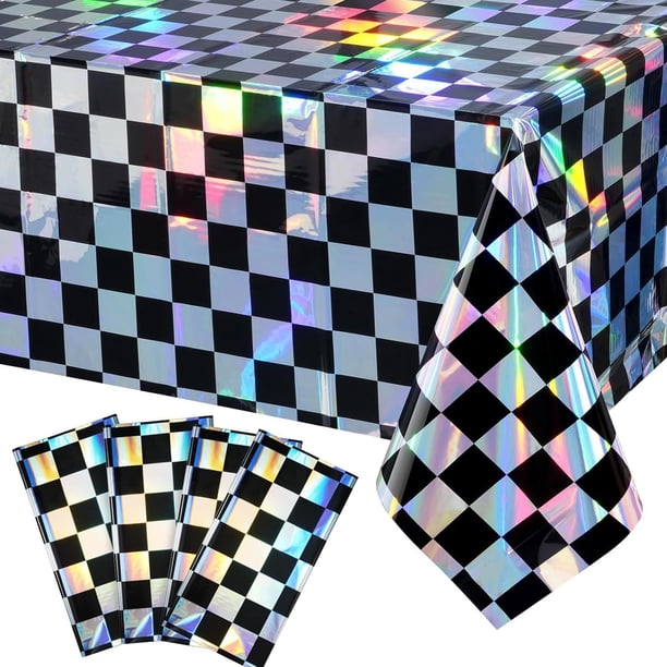 Paquete de 4 manteles de plástico iridiscentes de color rosa intenso, manteles rectangulares con láser, manteles de papel de aluminio holográfico, decoraciones iridiscentes para fiestas, cumpleaños,