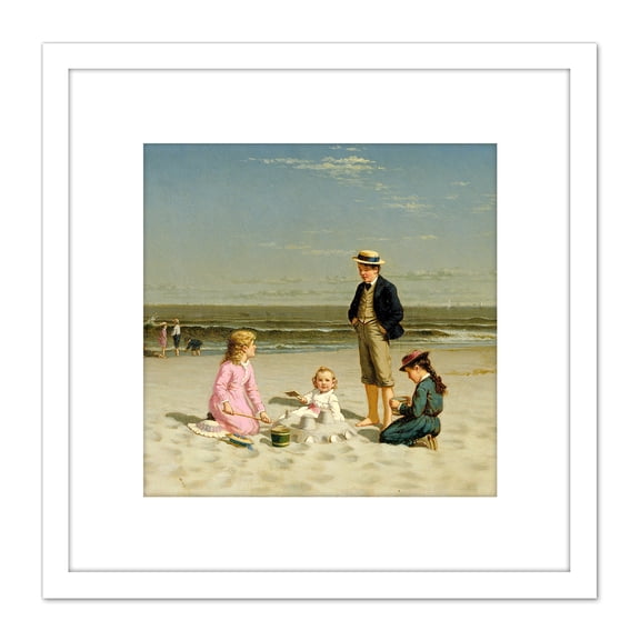 Carr Children Playing On The Beach 1879 Painting 8X8 Inch Square Wooden Framed Wall Art Print Picture with Mount