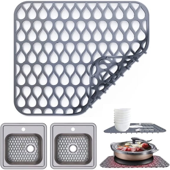 Silicone Sink Protector for Kitchen, Cuttable Kitchen Sink Mats Grid Accessory Folding Non-slip Sink Mat for Bottom of Farmhouse Stainless Steel Porcelain Sink (Grey) 13.58''x 11.6''