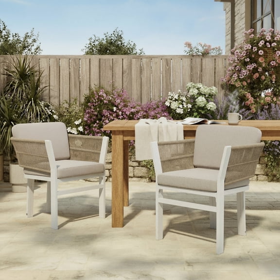 Christopher Knight Home Outdoor Dining Chair with Rattan Back, Aluminum Frame with Cushions, White Beige, Set of 2