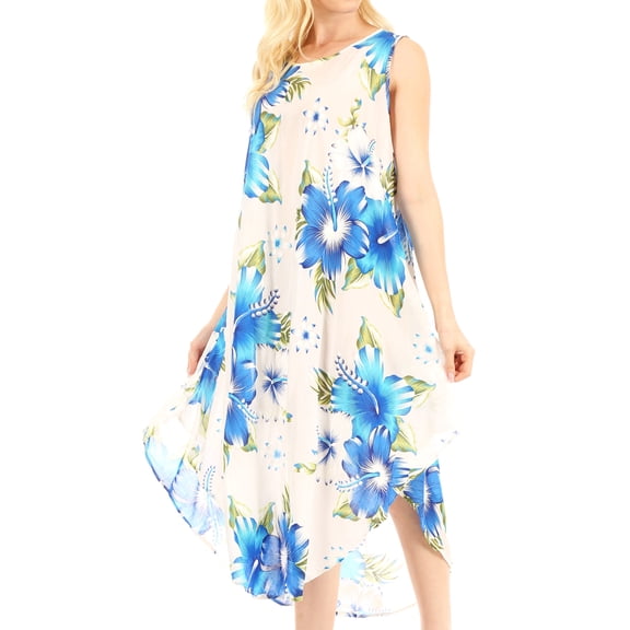 Sakkas Aba Women's Casual Summer Floral Print Sleeveless Loose Dress Cover-up - W-Blue - One Size