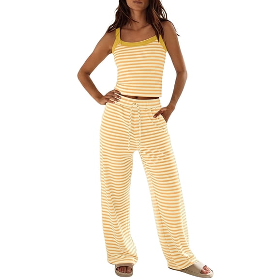 Krdevn Women's Striped Tank Top Pajama Set with Long Pants Soft Breathable Sleepwear Comfortable Nightwear Loungewear Two Piece,Size:XS