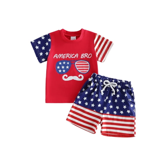 BemeyourBBs Toddler Baby Boys Girls 4th of July Outfit Patriotic Independence Day Baby Summer Clothes Short Sleeve American Bro Letter Sunglasses Print T Shirt Tops Stars Stripe Shorts Set