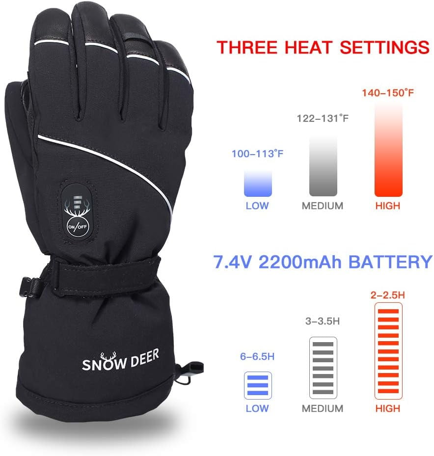SNOW DEERElectric Heated Gloves, Waterproof & Windproof Ski Gloves with Rechargeable Battery & Touchscreen - Three Heat Settings for Cold Weather Snowboarding