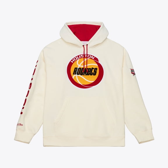 Men's Mitchell & Ness Cream Houston Rockets Hardwood Classics Chainstitch Premium Fleece Hoodie