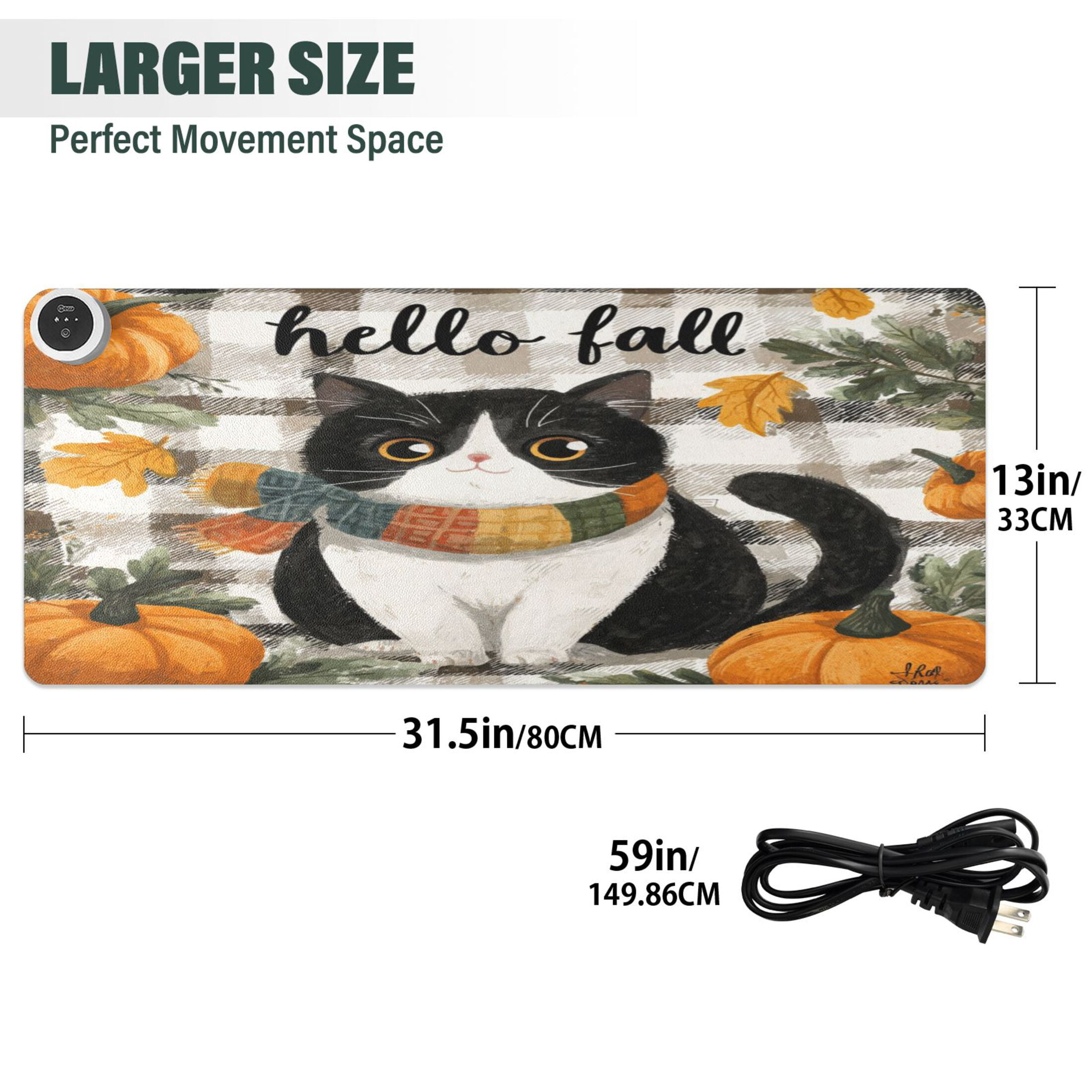 Large Heated Desk Mat Mouse Pad 31.5"x13"PU Leather Graphene Heating Desk Warmer with 3 Temperature Settings 110V US Plug Non-Slip Warm Pad for Home, Office, and Gaming Falling Leaves and Cute Cat
