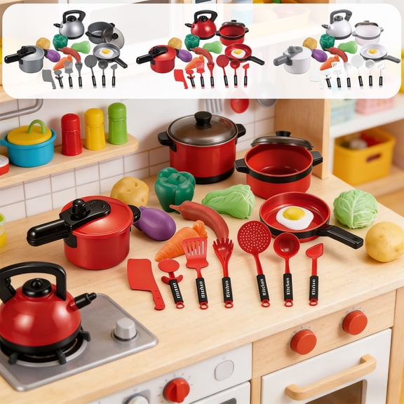 Kids Pretend Kitchen Cookware Toy Set, Pressure Cooker Kettle Pots Pans with Utensils Simulation Vegetables Play Food, Chef Cooking Role Play Toys for Toddlers Boys Girls Birthday Holiday Gifts