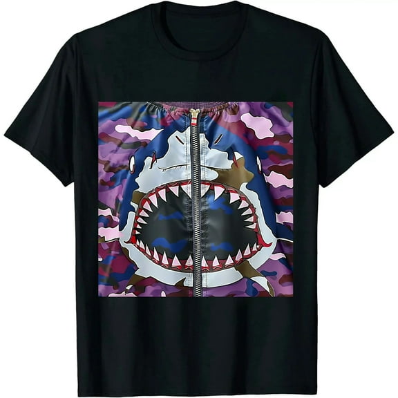 Qinduosi Shark Short Sleeve T-Shirt Teens Shirt Camo Casual Tees Black