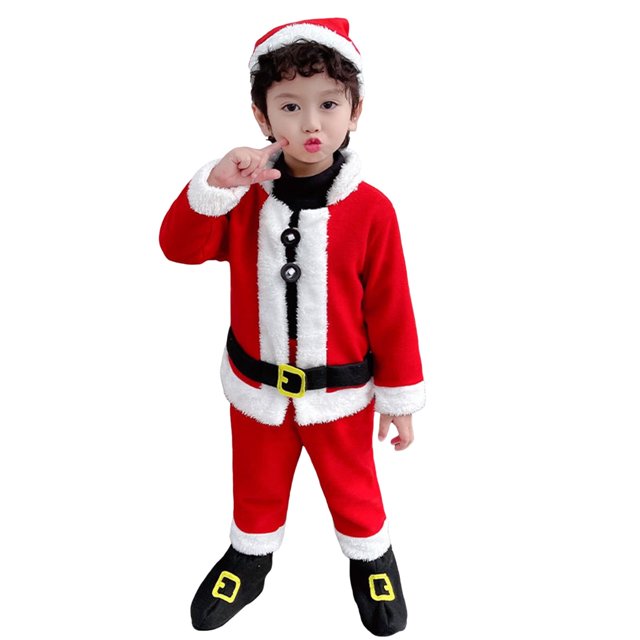 Disfraz de Papá Noel para niños, conjunto de 4 piezas de disfraz navideño, traje de Papá Noel para fiesta de Navidad para niños, disfraz de terciopelo rojo de lujo para niños RD1 de 6 a 7 años
