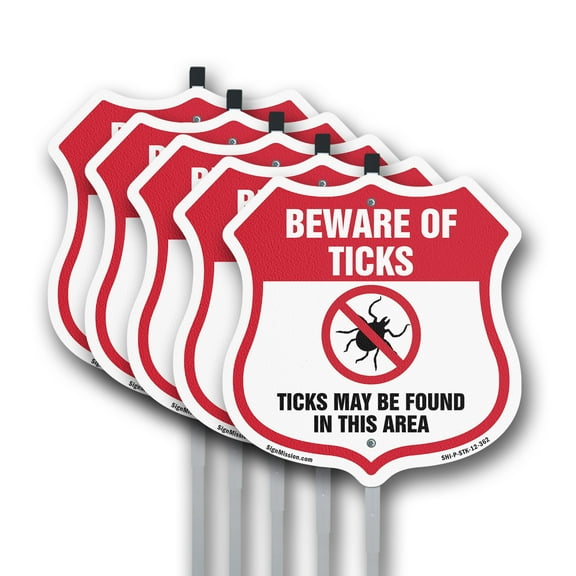 Beware Of Ticks Shield Sign Ticks May Be Found In This Area (5 Pack) 12 inch X 12 inch Shield Shaped Commercial Grade Plastic Signs with Aluminum Mounting Stakes Weather Resistant for