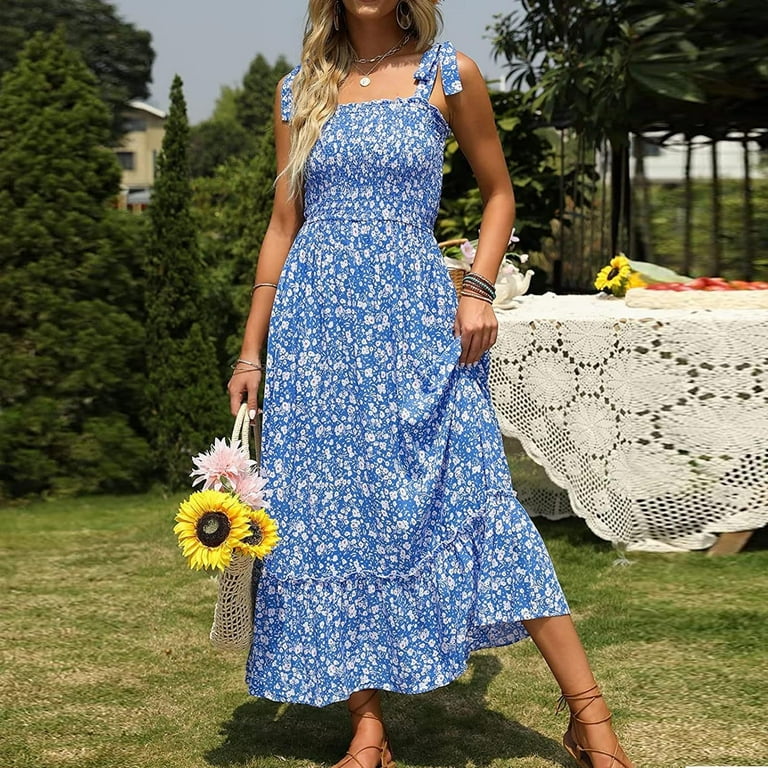 Womens Summer Dress Long Dress Boho Print Sling Loose Casual Dress