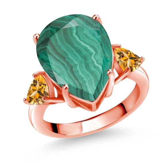 Gem Stone King 10.82 Ct Green Malachite Yellow Citrine 18K Rose Gold Plated Silver Ring (Size 5)