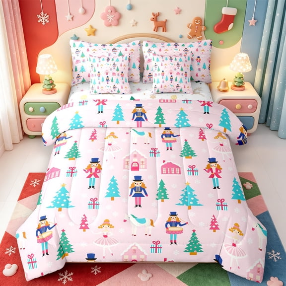 Manfei Xmas Winter Holiday 7-Piece Twin Bedding,Cartoon Animals Bedding Comforter Set,Xmas Reversible