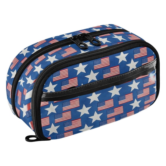 Large Pencil Pen Case Capacity PVC Pencil Pouch Makeup Bag for Women Man, Blue FlagPrinted