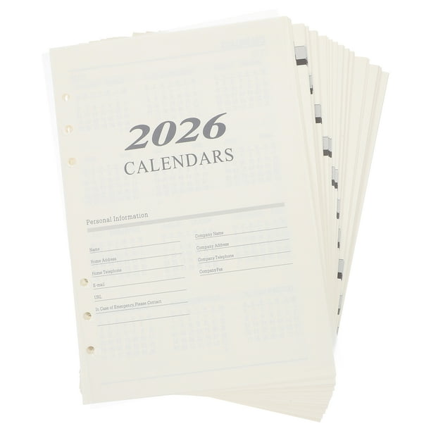 Recambio de agenda mensual en inglés: Calendario 2026 - Hojas sueltas de 6 agujeros - Tamaño A5 - Hojas de agenda diaria - Páginas de agenda recargables para oficinas en casa