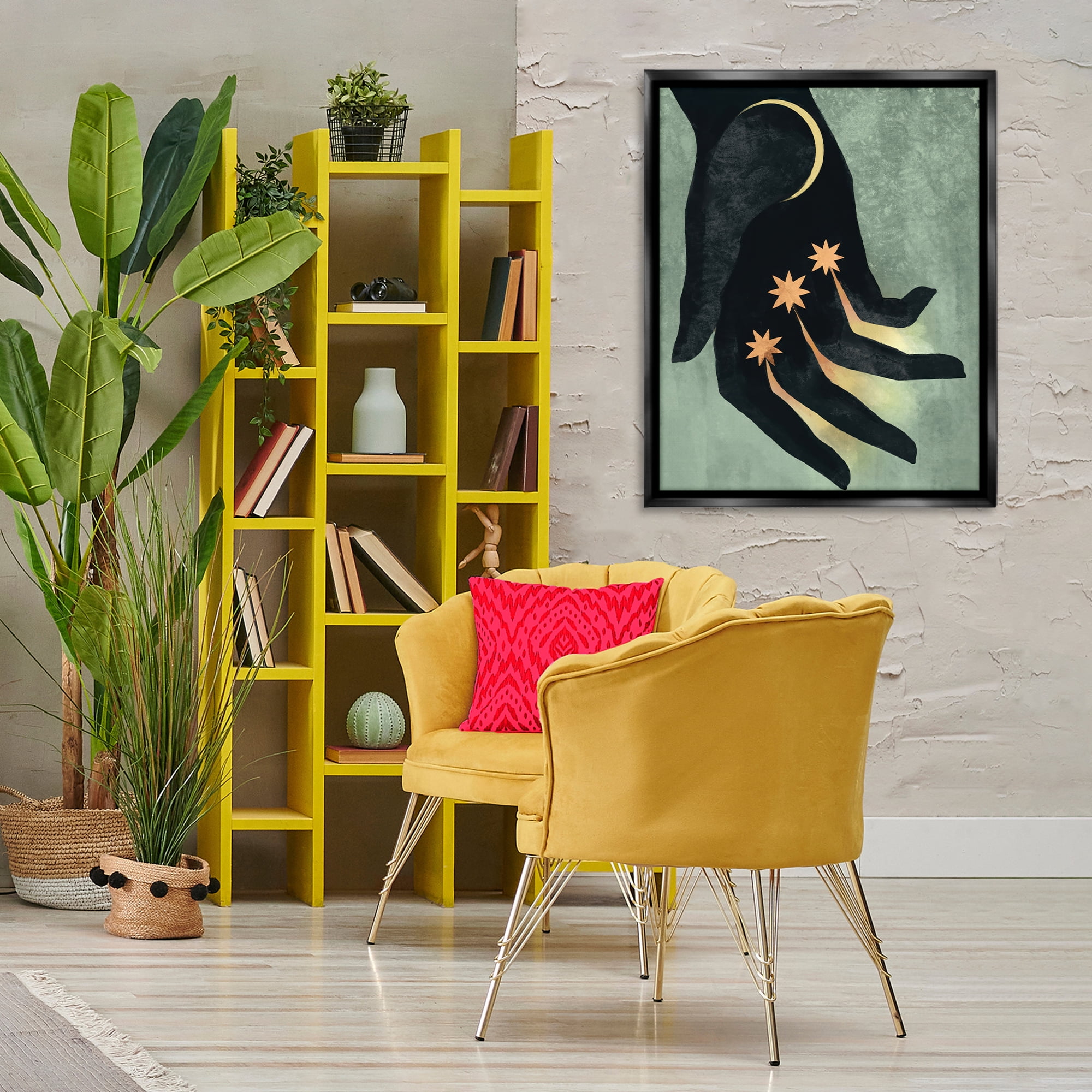Stupell Industries Moon & Stars Hand Astrology & Stars Painting Black Floater Framed Canvas Art Print Wall Art, 25 x 31