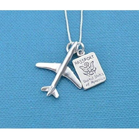 Sterling Silver Black Jet (World Traveler Charm necklace on 18 sterling silver box chain featuring an jet airplane charm and a passport in sterling silver. Pilot)