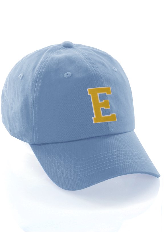 Customized Letter Intial Baseball Hat A to Z Team Colors, Sky Cap White Gold Letter E