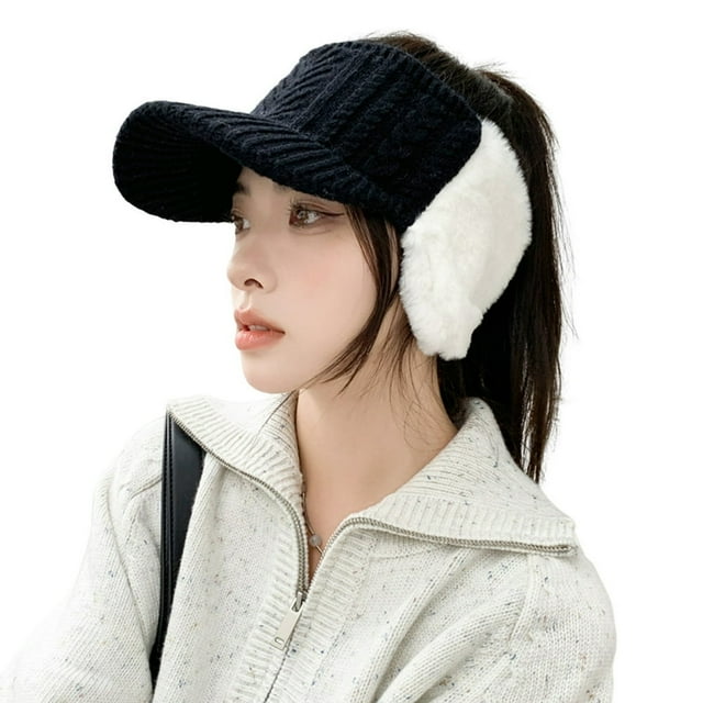 Women Sun Hat Ear Protector Empty Top Twist Pattern Patchwork Sun Protection Autumn Winter Windproof Knitted Baseball Hat Streetwear