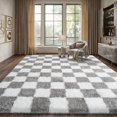 thumbnail image 5 of White-Gray Checkered Plush Shag Area Rug - Soft Fuzzy Modern Carpet for, 5 of 12