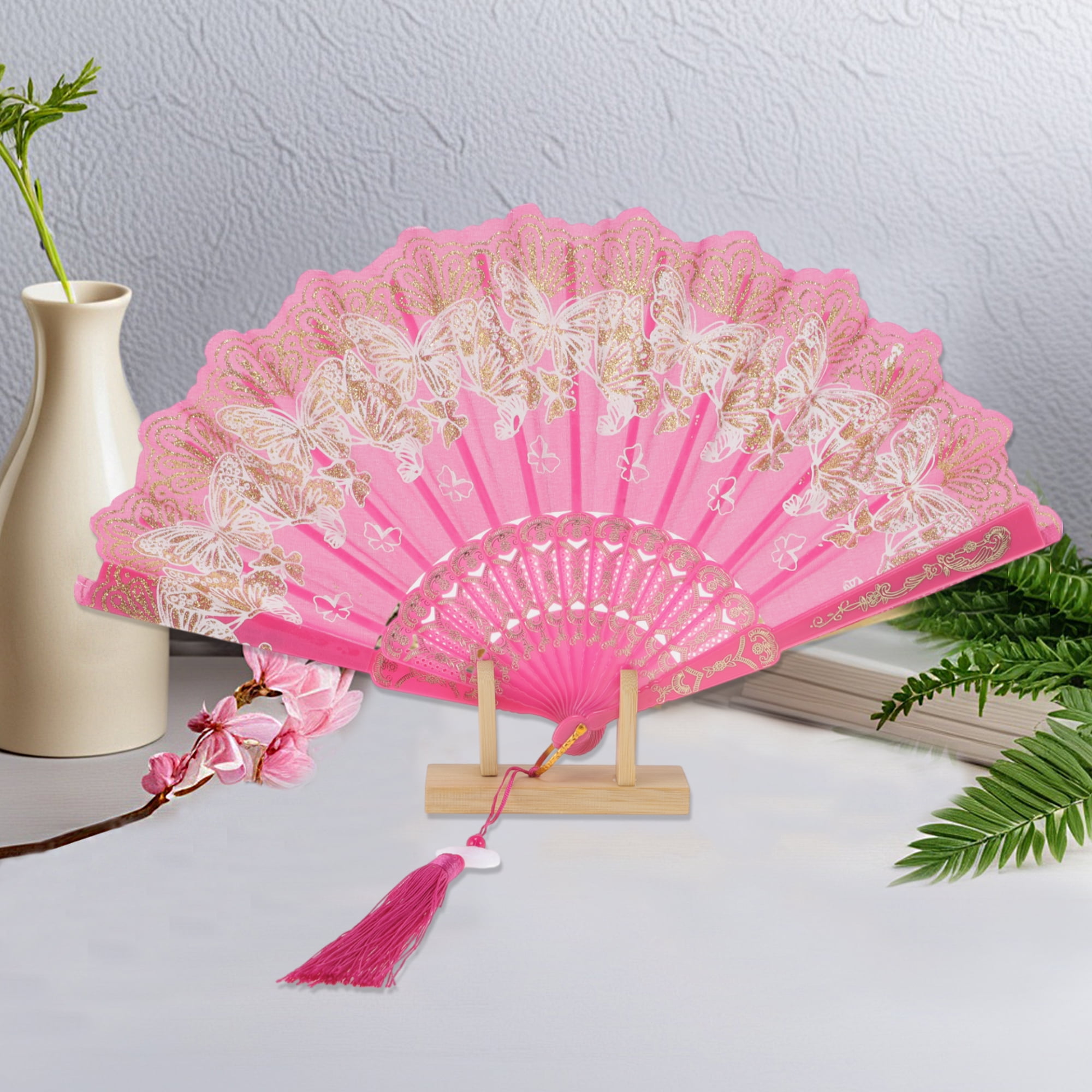 Unique Bargains Elegant Butterfly With Tassel Folding Fan 1PC Rose Red