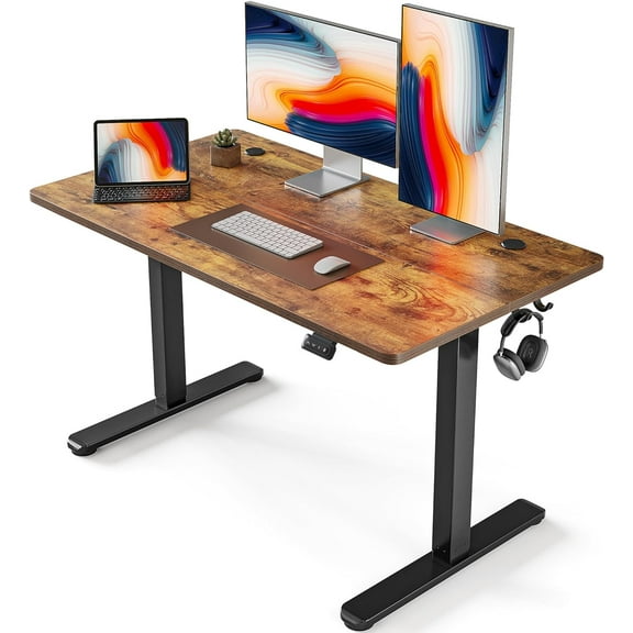 FEZIBO 48" x 24" Height Adjustable Standing Desk, Electric Stand Up Table, Sit Stand Home Office Desk with Splice Board, Black Frame/Rustic Brown Top
