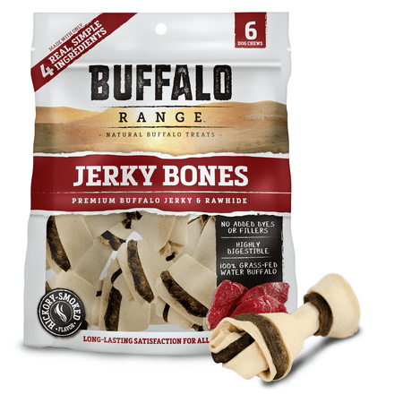 Buffalo Range Rawhide Dog Treats | Healthy, Grass-Fed Buffalo Jerky Raw Hide Chews | Hickory Smoked Flavor | Jerky Bone, 6