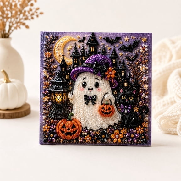 Halloween Pearl Diamond Art Kit, Ghost Pumpkin Bead Painting Set, 9.8 x 9.8 Inch Unframed DIY Craft Project for Adults, Wall Decor and Holiday Display