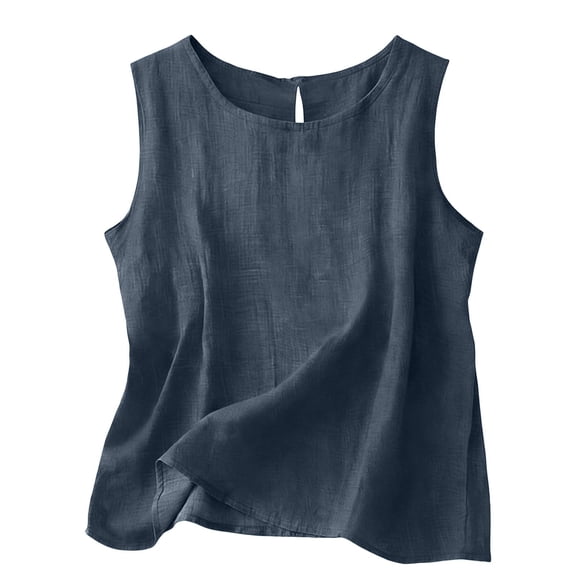 Linen Tank Tops for Women Comfy Summer Sleeveless Crewneck Gauze Shirts Casual Blouse Loose Fit Tops Navy XL