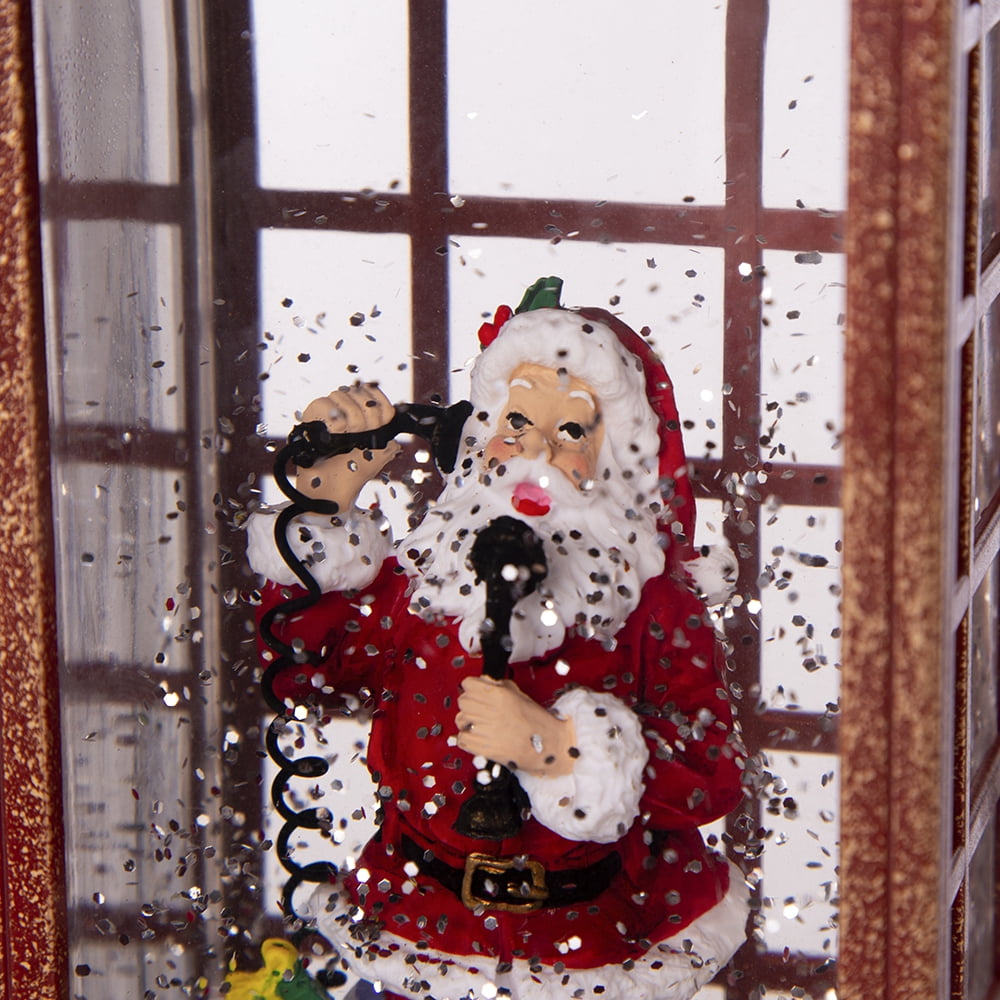 Water Lighted Spinning Phone Booth Christmas Decor with Santa on Phone Plastic Polyresin Oil Water Tabletop Holiday Accent