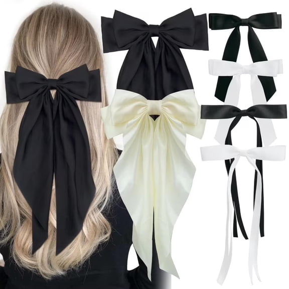6PCS Silky Satin Hair Bows Ribbon Hair Barrettes Clip Large Bow Hair Slides Metal Clips French Barrette Long Tail Hair Accessories Soft Hairpin for Women