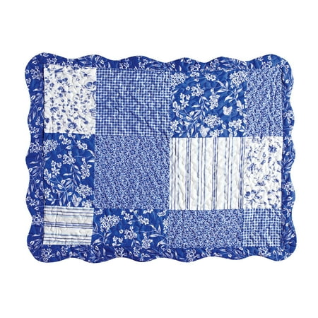 Blue Striped Sham Cottage Escape Blue Stripes and Floral Patchwork Pillow Sham with Scalloped Edges - Seasonal Décor, Sham, Blue ()