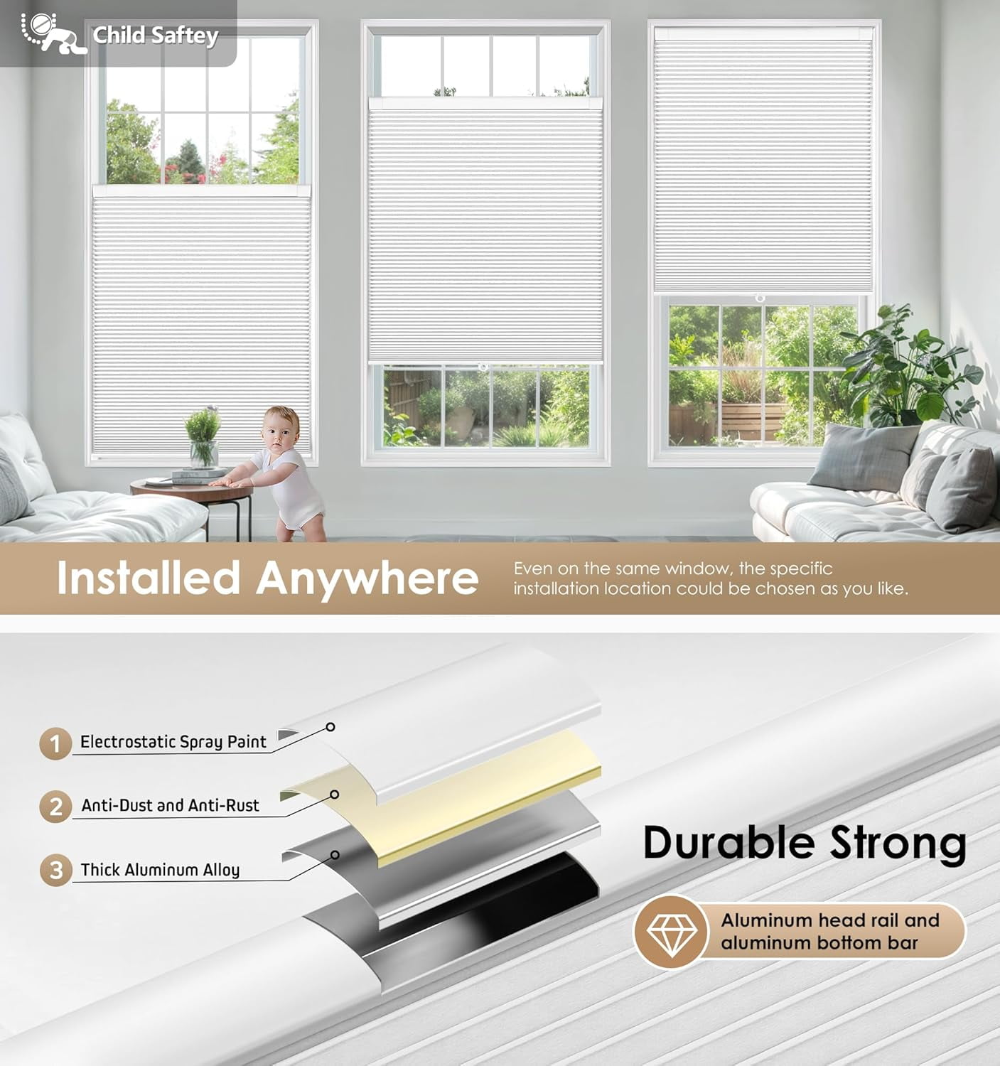 No Tools Drill Cordless Cellular Shades, Blackout Light Blocking Honeycomb Shades for Home, Thermal Insulation Blinds Windows, 19" W x 36" H, White