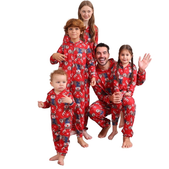 Onlypjs Matching Family Christmas Pajamas Set with Hood – Festive Red Reindeer & Snowflake Holiday Sleepwear for Women, Men, Couples