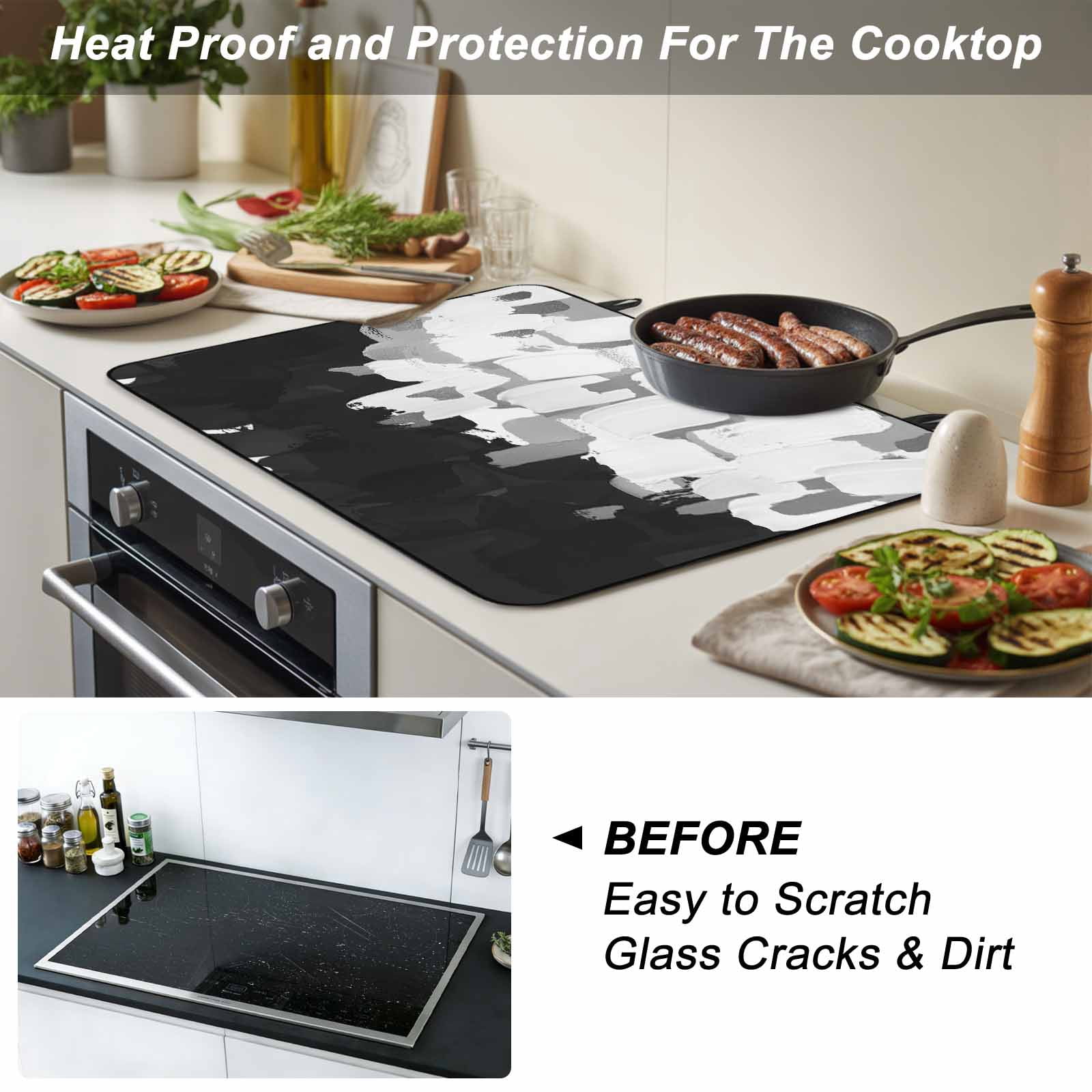 Black White Stove Top Cover for Electric Stove, Heat-proof & Non Slip Glass Top Stove Cover Protector, Abstract Graffiti Paint Country Retro Tribal Kitchen Flat Cooktop Rubber Mat 24x21 Inches