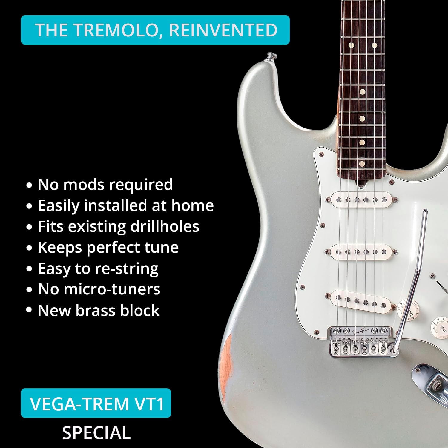 Vega-Trem VT1 Special Standard 6-Screw Stratocaster Guitar Tremolo Bridge For Strat No Mods Easy Installation Satin, Right