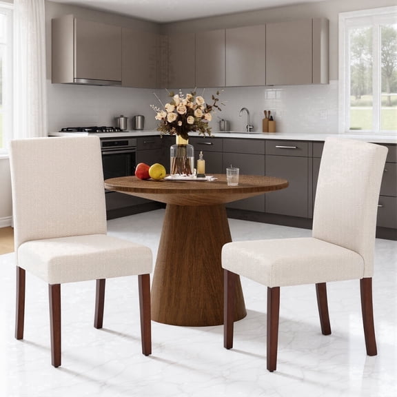 Upholstered Fabric Dining Chairs Set of 2 with Wood Legs, Modern Parsons Chairs with High Back for Kitchen, Dining Room, or Restaurant, Beige