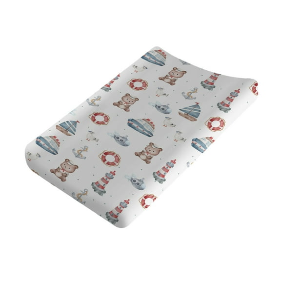 Watercolor Nautical Sailor Animals Changing Pad Cover Bear Seagulls Boat Lighthouse Anchor Submarines Baby Diaper Changing Table Sheets for Boy Girl Nursery Changing Table Mat Cover 16''x32''