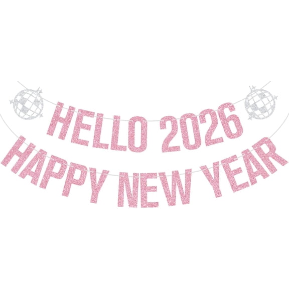 Pink Glitter Hello 2026 Happy New Year Banner, 2026 New Year's Eve Photo Background, Cherrs to the New Year 2026 Party Decorations Supplies
